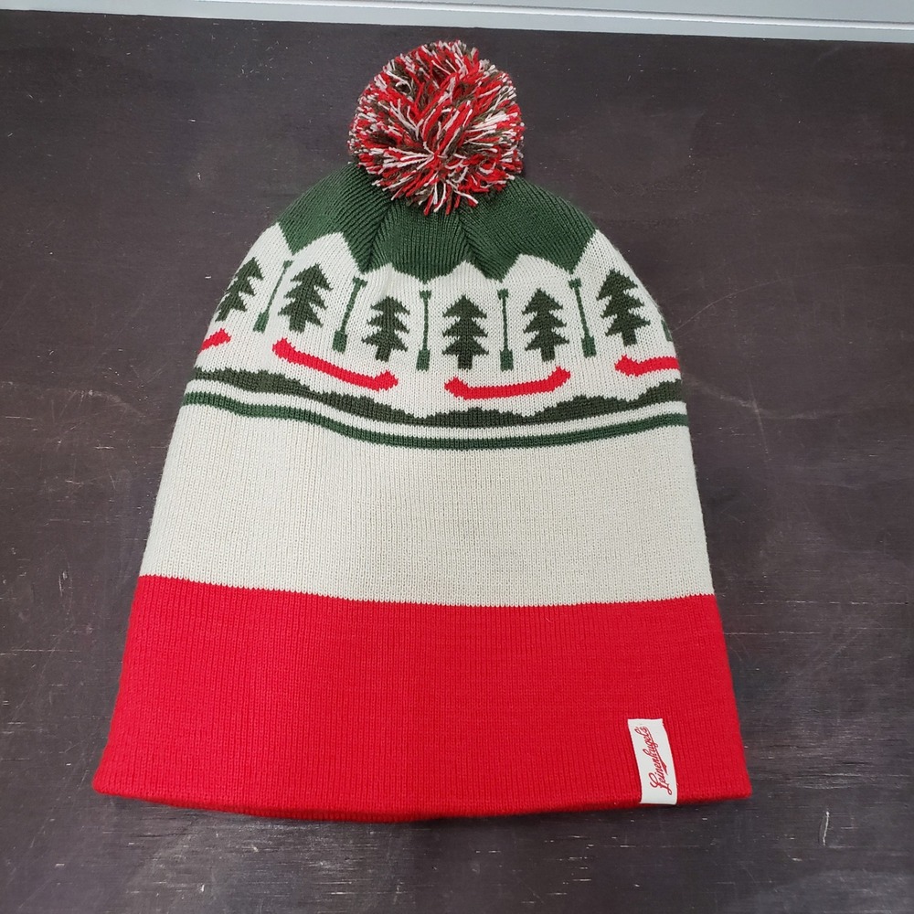 Leinenkugels Beanie Unisex OS Red Green Fair Isle Canoe Tree Pom Beer Holiday